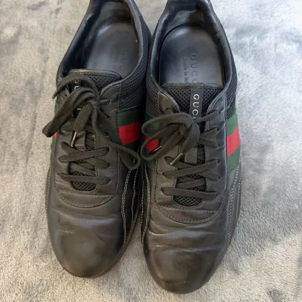 Gucci Mens Black Leather Mesh Web Stripe Sneakers 295197 Size 8 G